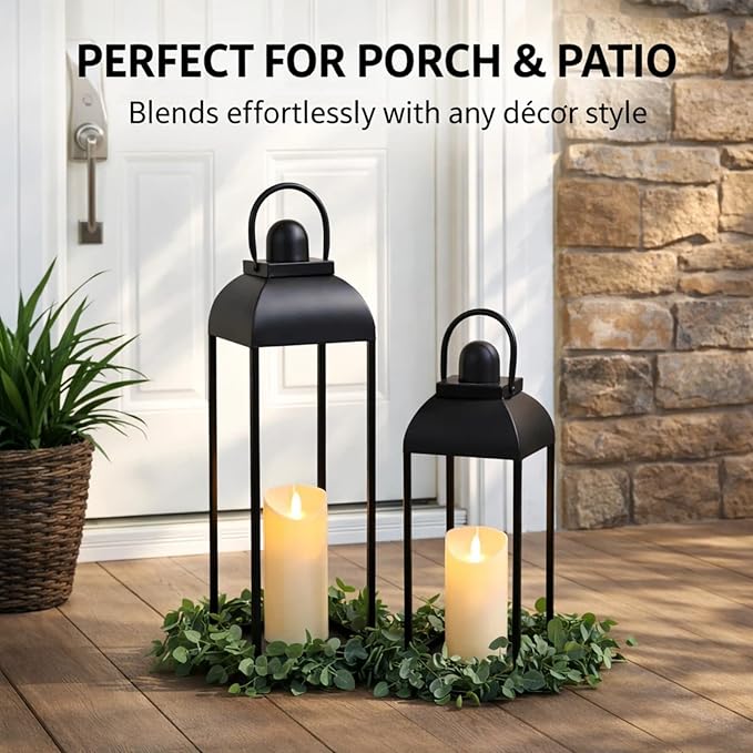 25'' 19'' Lanterns Decorative Outdoor Indoor, Black Metal Outdoor Candle Lanterns, Set of 2 Modern Farmhouse Decorative Lantern for Fireplace, Patio, Porch, Floor, Christmas Lantern (No Glass)