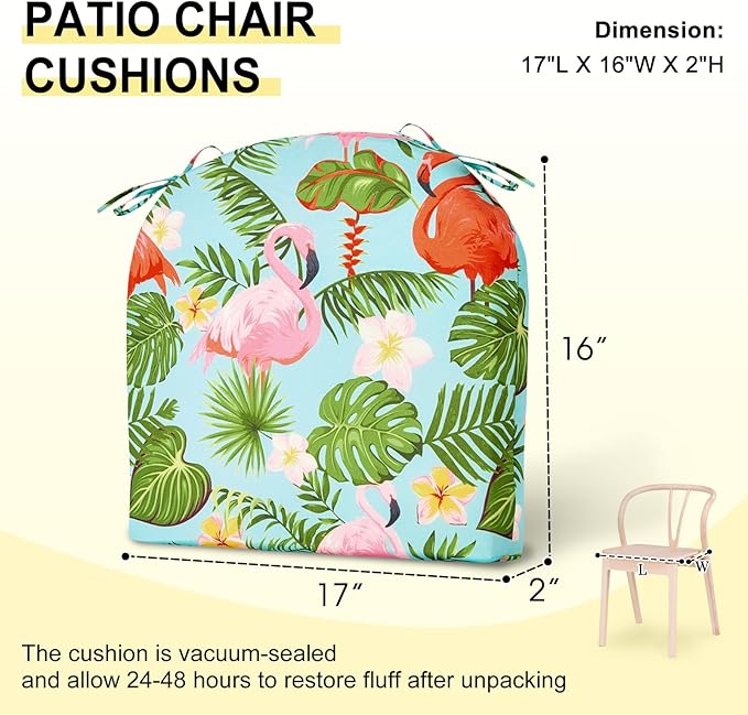 downluxe Outdoor Chair Cushions Set of 4 for Patio Furniture, Water-Resistant Patio Chair Cushions with Ties, High Density Foam Outdoor Seat Cushion, 17" X 16" X 2", Tropical Flamingo