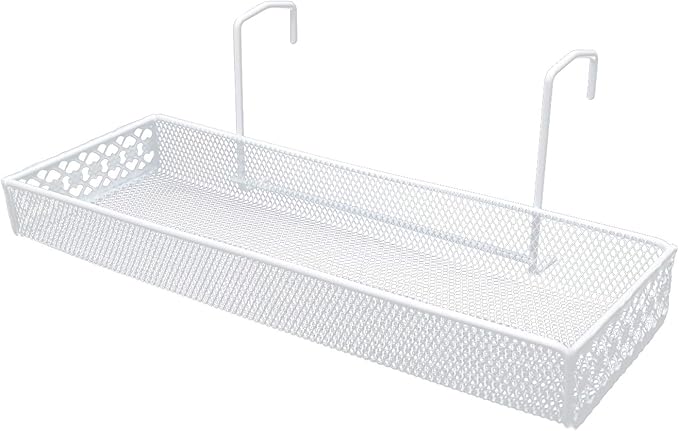 Chris.W Iron Hanging Shelf Basket with Hooks Balcony Succulent Plants Mini Flower Pot Holder Railing Shelf, for Patio Porch or Fence (White)-Small