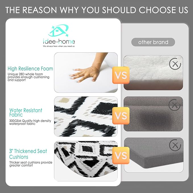 idee-home Outdoor Chair Cushions Set of 2, 17" x 17" x 3" Thick D-Shaped Patio Furniture Outdoor Seat Cushions Waterproof with Ties, Dining Pads