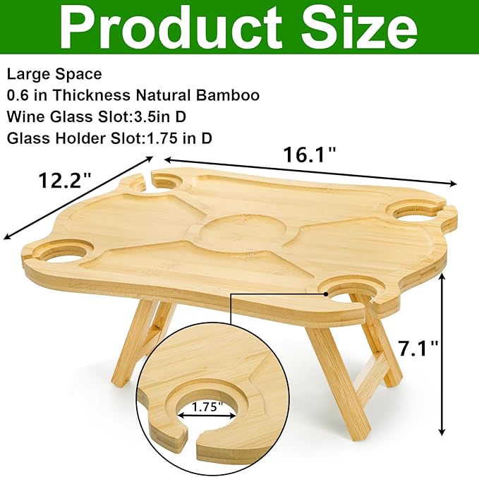 Yesland Portable Picnic Table, Foldable Champagne Picnic Snack Tray, Collapsible Wooden Outdoor Camping Table with Wine Glasses Holder for Park, Beach, Bed, Road Trip, Wine Lover Gift