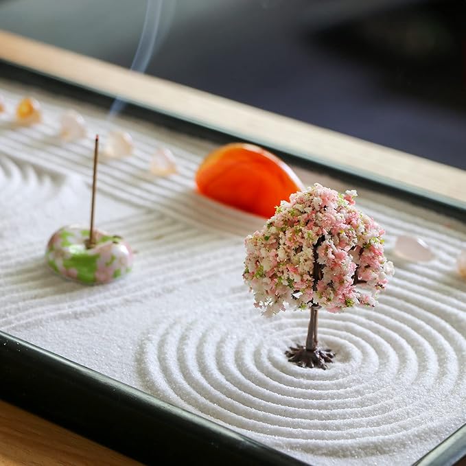 Zen Garden Rake Tool Accessories - Japanese Sand Zen Bamboo Rakes Tools Set, Office Relaxation Gifts with Healing Stones Zen Garden Decor for Man Woman Father Mother Birthday Gifts