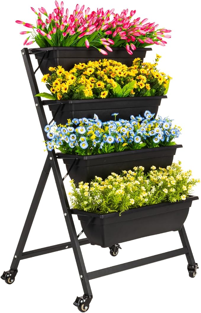 IDZO 4-Tier Vertical Raised Garden Bed with 4 Lockable Caster Wheels, Sturdy Steel Vertical Garden Planter with Efficient Drainage Tray, Ergonomic Ladder Planter with Included Garden Tools, Black