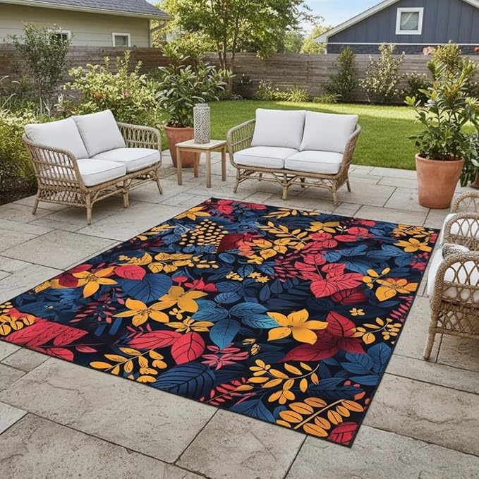 Floral Outdoor Rug 2x6 Modern Dark Blue Red Yellow Botanical Flower Area Rugs for Patio Garden Deck Porch Balcony Waterproof Non Slip Camping Yard Large Carpet Thin Washable Low Pile Floor Mat