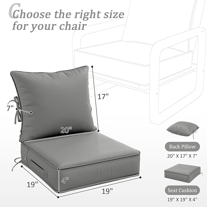 Outdoor Patio Chair Cushions Set 19 L X 19 W X 4 H Inch Waterproof & Fade Resistant Deep Seat and Back Cushions with Removable Covers Outdoor Seat Cushion Set for Chairs and Sofas