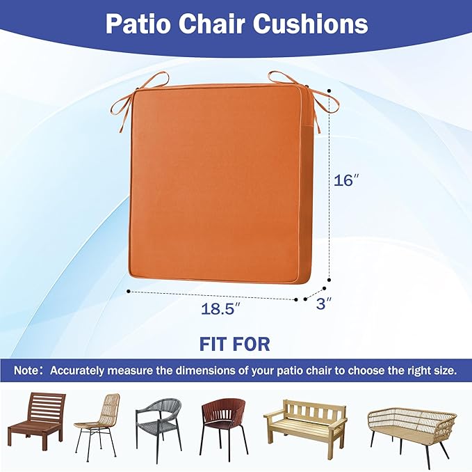 Patio Chair Cushions, 18.5" x 16" x 3" Outdoor Chair Cushions Set of 4, Waterproof Outdoor Cushions for Patio Furniture, Outdoors Seat Cushions Set of 4 with Handle and Ties, Spice