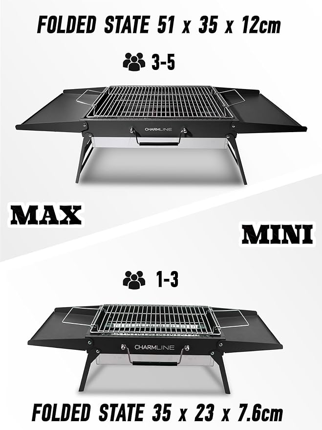 Charmline 20x14 inches Big Desktop Charcoal Grill, Liftable Grilling Net, Foldable Portable Grill for Indoor and Outdoor, BBQ Grill for Camping, Gardens, Picnics, Beach Parties, Black