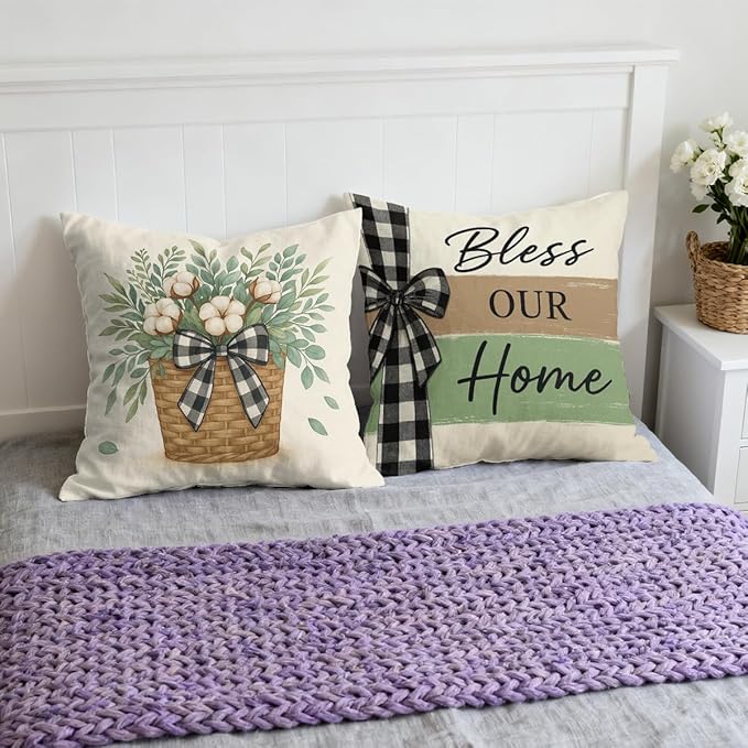 Farmhouse Pillow Covers 18x18 inch Set of 4, Plaid Bow Home Throw Pillow Covers Farmhouse Cushion Case Decor for Sofa Couch