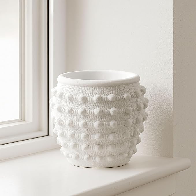 Modern Ceramic Flower Pot with Bubble Texture – Decorative Round Stoneware Planter for Indoor and Outdoor Plants – Unique Contemporary Accent for Garden, Patio, or Home Decor – 9" White