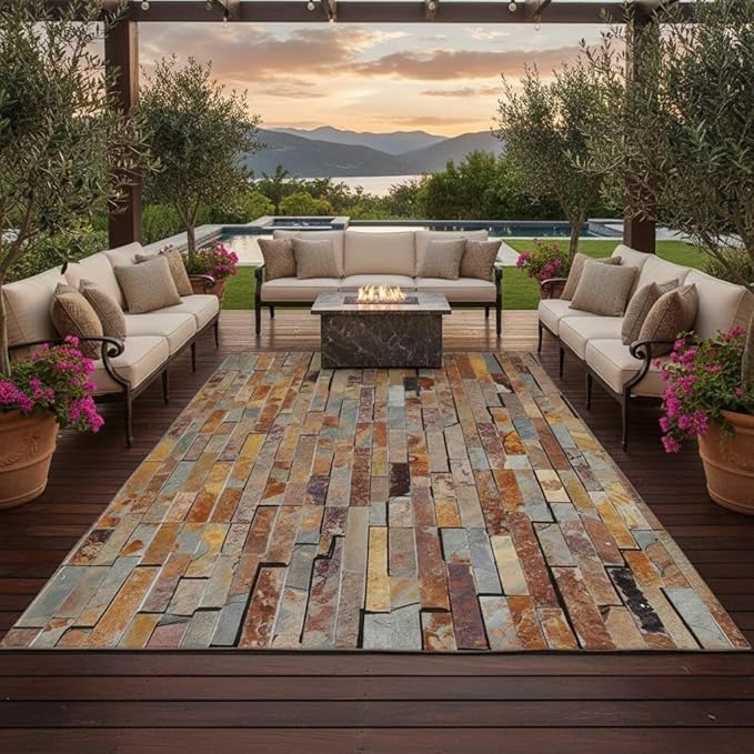 Rust Brown Yellow Stone Wall Texture Outdoor Area Rug for Patio Pool Deck Porch Balcony Garden 3D Visual Farmhouse Backyard Machine Washable Large Carpet 10x16 Non Slip Waterproof Outside Rugs Mat