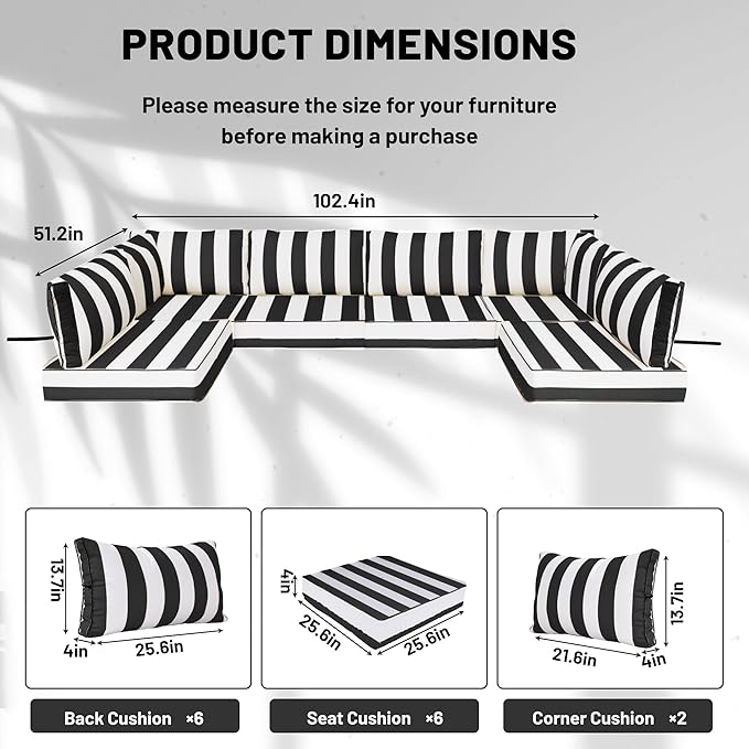 14 Piece Outdoor Sectional Cushions, Water-Resistant Outdoor Sofa Cushions Replacement, 4" High Density Foam Patio Furniture Cushions Fits 6-seat Rattan Conversation Set (Black White Stripes)