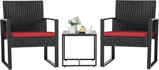 Flamaker 3 Pieces Wicker Patio Furniture Outdoor Modern Rattan Chair Conversation Sets with Coffee Table for Yard and Bistro (Red)