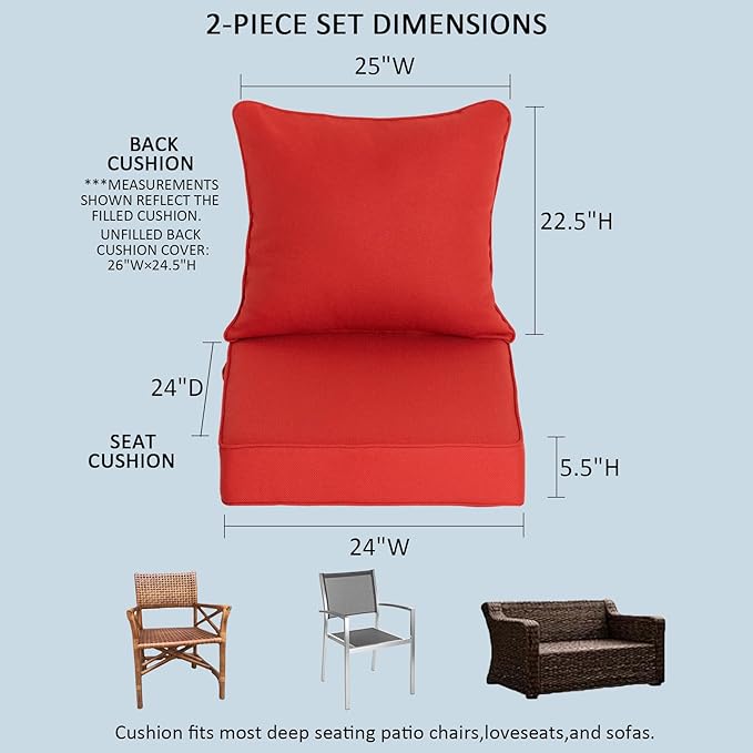 24x24 Inch Outdoor Deep Seat Cushions Set of 2,Thick High-Density Foam, Water-Resistant, Piped Edges & YKK Hidden Zipper for Patio Furniture,Red