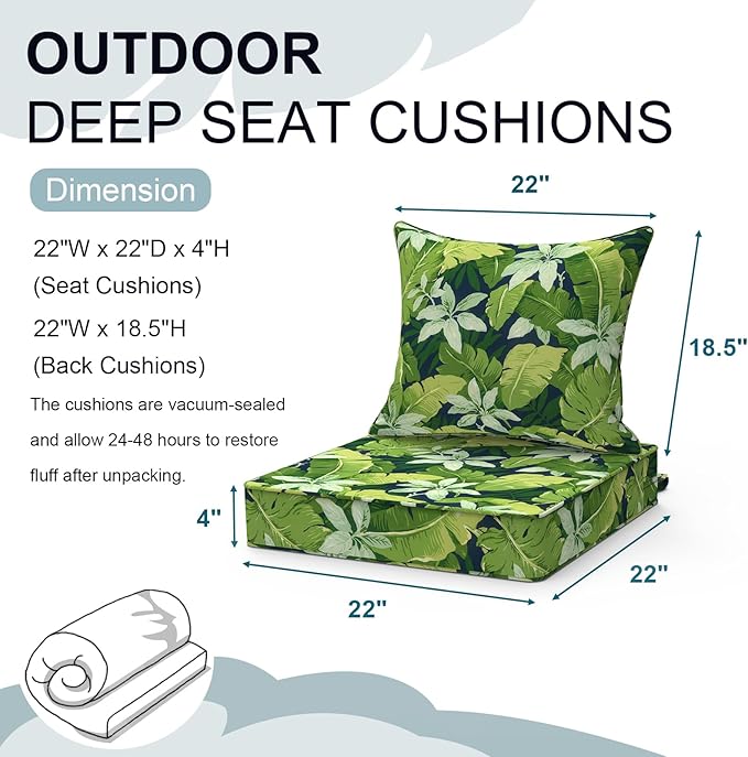 Outdoor Deep Seat Cushion Set, Water Repellent 22"x22" Patio Thick Cushions Replacement with Seat & Back Pillow for Patio Sofa, Wicker Chair, Couch - Jungle Leaves
