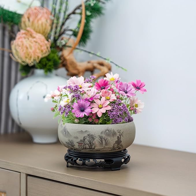 Lotus Bowl Planter - Ceramic Pots for Plants with Stand for Hydroponic Water Lilies & Bonsai Trees, Bonsai Pots Indoor/Outdoor Décor - Zen Garden & Home Art Display (Grey, Small)