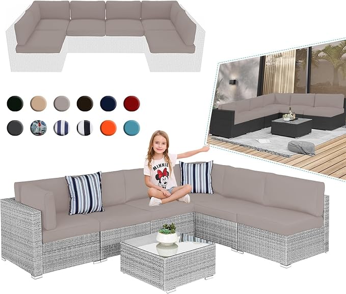 Outdoor Sectional Cushions, 4" Foam High-Density, Water-Resistant Couch Cushions Replacement Set, 14 Piece Patio Sectional Cushion for 6-Seat Sectional Patio Conversation Sets (Khaki)