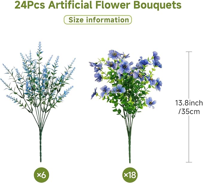 SHareconn 24 Bundles Artificial Flowers for Outdoors Decoration, Faux Plants Fake Silk Colorful Daisy Eucalyptus Lavender, UV Resistant for Outside Home Porch Patio Indoor Spring Decor, Blue