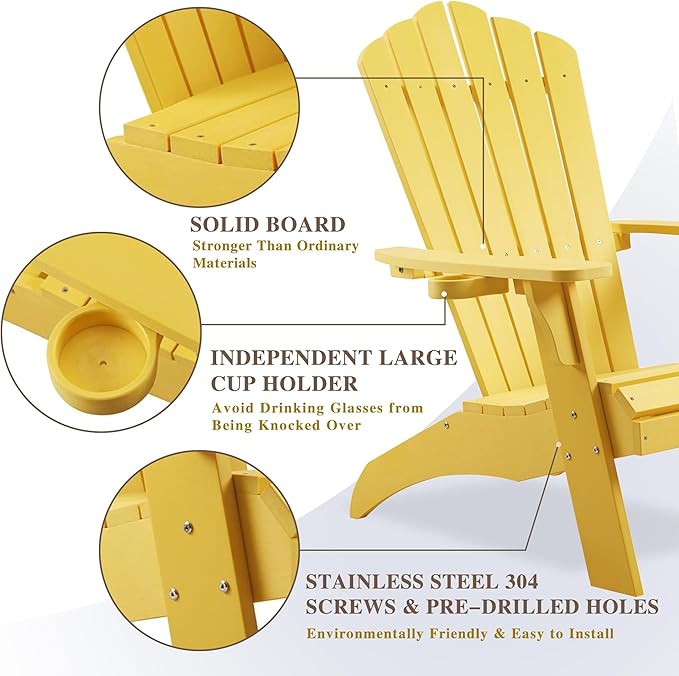 Psilvam Adirondack Chair, Oversized Poly Lumber Fire Pit Chair with Cup Holder, 350Lbs Support Patio Chairs for Garden, Weather Resistant Outdoors Seating, Relaxing Gift for Father & Mother (Yellow)