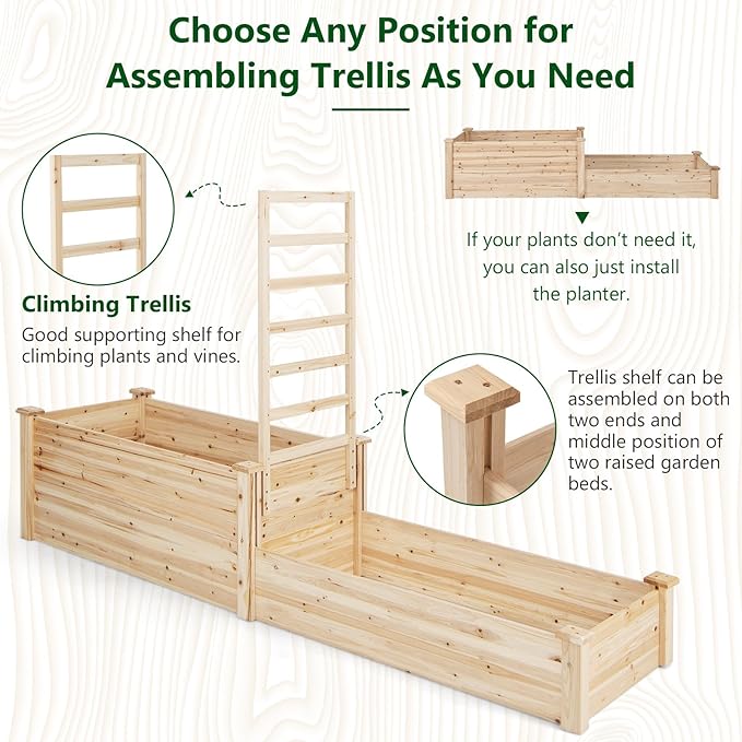 Giantex Raised Garden Bed with Trellis, Set of 2 Wood Shallow & Deep Planter Box for Climbing Plants Cucumber Vegetables Flowers Herbs Fruits, Easy Assembly, Outdoor Rectangular Floor Gardening Beds