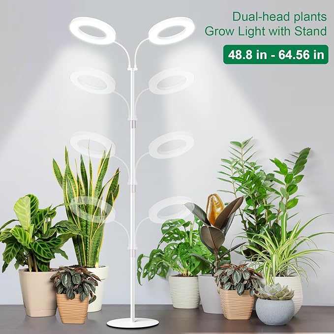 LBW Dual Head Grow Light with Stand for Indoor Plants, Full Spectrum Grow Light for Multiple Tall Plants, Adjustable Height up to 68", Auto Cycle Timer 6/8/12/16H, 5-Level Dimmable, 3 Lighting Modes