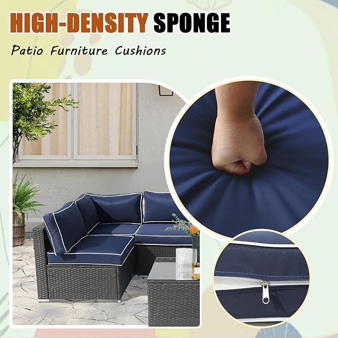 14Piece Outdoor Sofa Cushion Replacement, Patio Furniture Waterproof Cushion with Zippers, fit 6-Seat Outdoor Wicker Rattan Sectional Couch (Dark Blue + White Edge, 25.6"x25.6"x3.9")