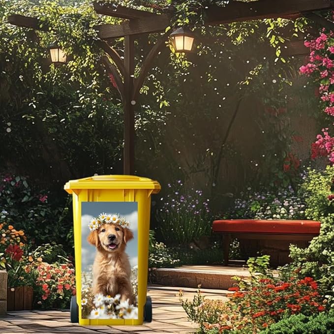 2PC Trash Can Sticker 14.57 x 32.28 Inch Cute Dog Design Floral Theme Decorative Garbage Bin Cover Outdoor Trash Can Decal Art for Home Yard Garden Pet Lovers Decoration
