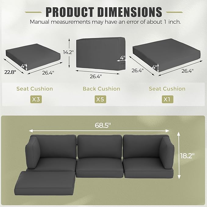 Oakcloud Oakmont Outdoor Replacement Cushions for Patio Furniture,Water-Resistant Cushion for Patio Conversation Set,9-Piece Cushions for 4-seat Outdoor Sectional Sofa(Dark Grey)