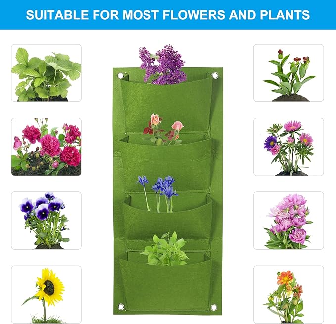 PATIKIL 4 Pockets Vertical Hanging Grow Bags, Wall Hanging Planter Bags Wall-Mounted Felt Fabric Planting Grow Bags for Garden Home Decoration, Green