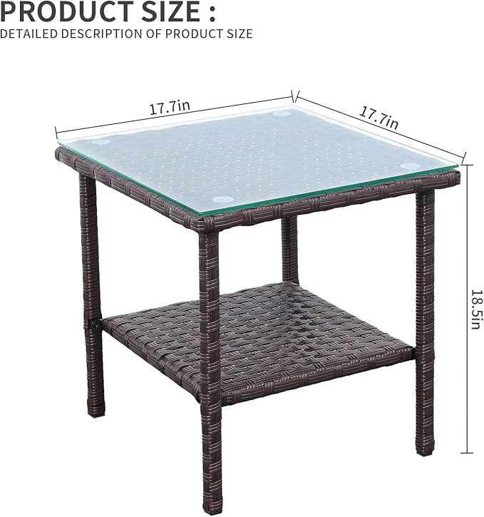 Outdoor Wicker Glass Top Side Table - Patio Balcony Deck Pool Square End Table with Storage, Dark Brown