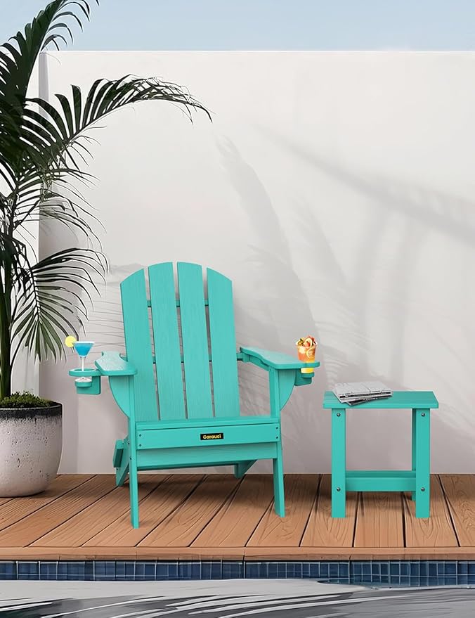 Folding Adirondack Chair Set of 6, Wooden Textured Plastic Adirondack Chairs with 2 Cup Holder, Weather Resistant HDPE Fire Pit Chair, Outdoor Patio Chairs for Garden, Backyard, Lawn, Deck, Lake Blue