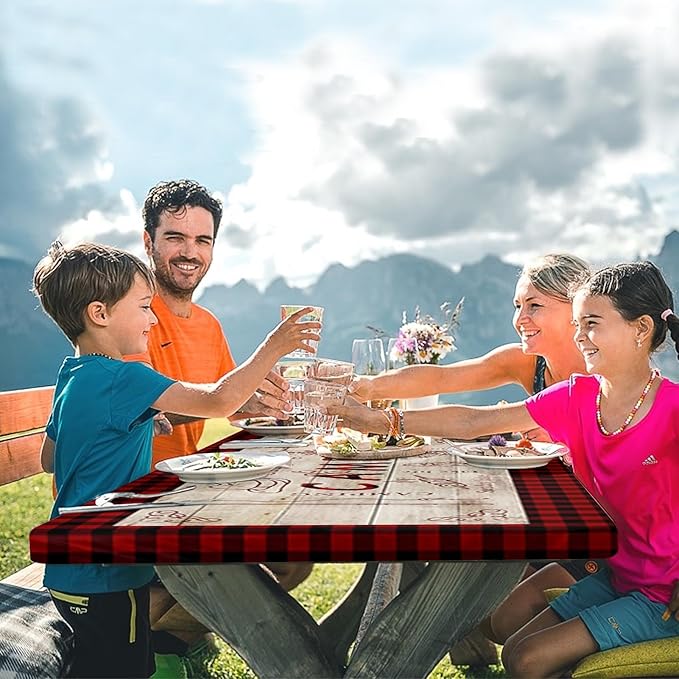 Picnic Table Cover with Bench Covers Elastic Edges, Red Plaid Fitted Table Cover, Outdoor Patio Camping Essentials 72 Inch 3PCS, Waterproof Camping Fitted Tablecloth with Drawstring Bag