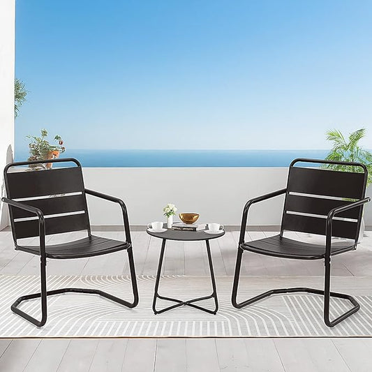 MELLCOM 3 Piece Patio Set, Small Patio Furniture Set - 2 C-Spring Metal Chairs with Round Side Table, Outdoor Bistro Set for Balcony, Front Porch, Poolside, Garden, Deck, Black