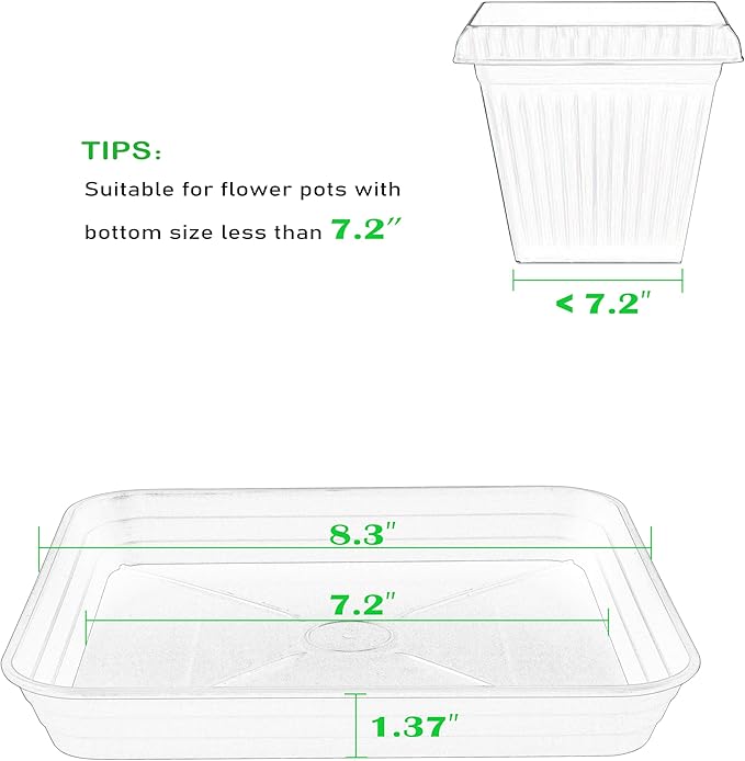 4 Pack Square Plant Saucer Tray 8 inch, 6 8 10 12 14 16 18 20 inch Heavy Duty Plastic Square Plant Saucers for Indoors Outdoor, Flower Planter Drip Trays for Pots, Seed Starting Tray