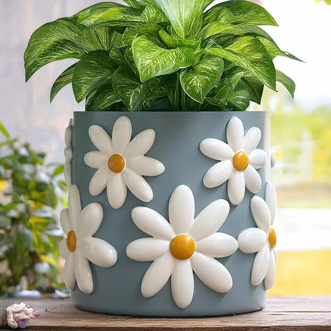 GUGUGO 8 Inch Daisy Planters, Decorative Large Plant Pots with Drainage Holes, Funny Unique Flower Pot for Indoor Plants, Colorful Gardening Pot for Boho Modern Home Décor, Blue