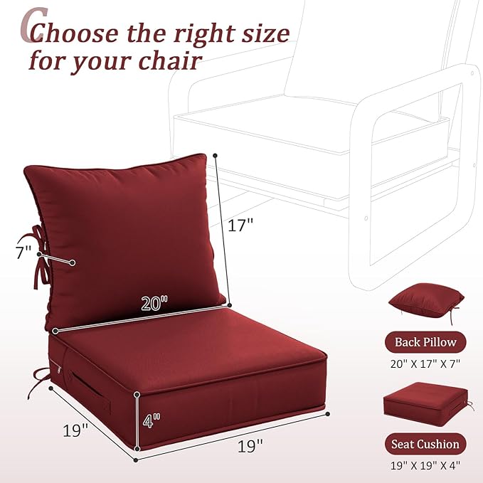 Outdoor Patio Chair Cushions Set 19 L X 19 W X 4 H Inch Waterproof & Fade Resistant Deep Seat and Back Cushions with Removable Covers Outdoor Seat Cushion Set for Chairs and Sofas