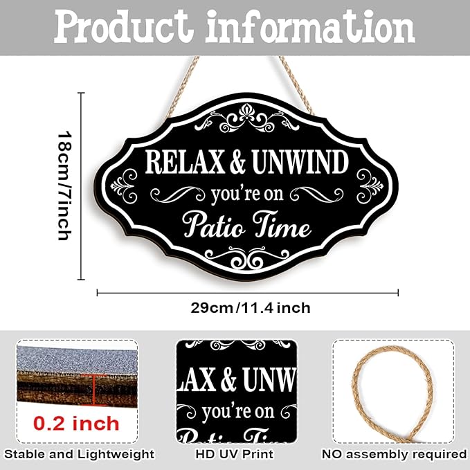 Pigort Patio Wall Decor Hanging Wall Art Wooden Plaque Signs Vintage Balcony Decor Retro Patio Accessories Relax Unwind You're on Patio Time with Chain for Home Pub 11.4""x7"", Black