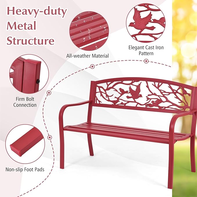 Tangkula Metal Outdoor Garden Bench Park Bench, Patio Bench with Bird & Twig Cast Iron Back Pattern, Heavy-Duty Patio Chair with Back & Arms, Seats 2-3 Persons, for Porch, Yard, Park, Lawn, Porch