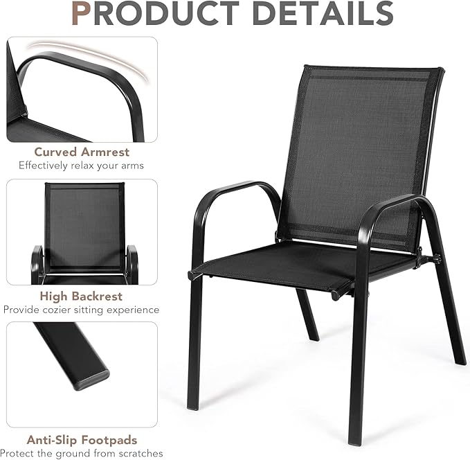 Tangkula 2 Piece Patio Dining Chairs, Outdoor Bistro Chairs W/Curved Armrests, Easy-to-Dry Fabric, Reinforced Steel Frame, Wide & Comfortable Camping Chairs for Garden, Poolside, Backyard (1, Black)