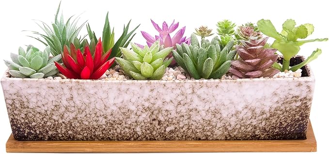 ARTKETTY Succulent Pots - Large Succulent Planter Pots with Drainage, 12 Inch Long Rectangle Bonsai Pot with Bamboo Tray Shallow Ceramic Cactus Flower Planter Window Box for Home Garden Decor (White)