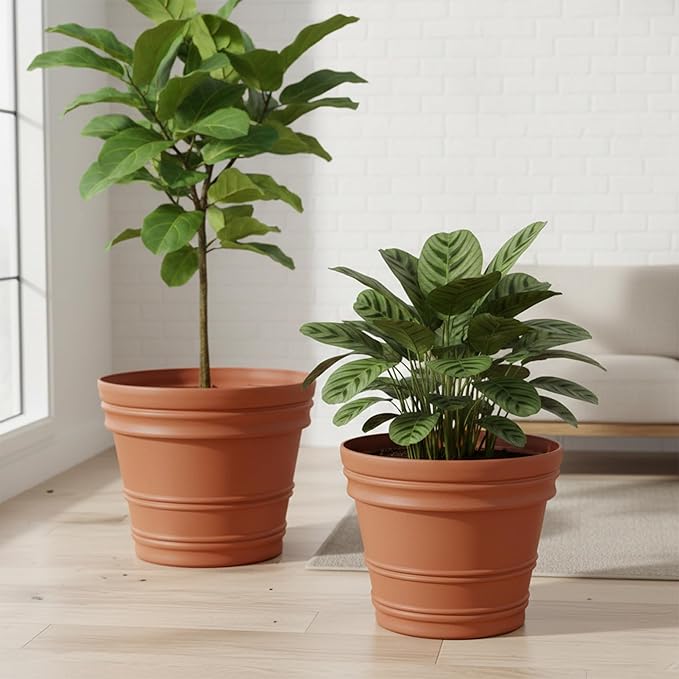 Bloem Rolled Rim 22" Round Planter Pot - Terra Cotta Resin Indoor or Outdoor Gardening Planter with Knockout Drainage, 2-Pack