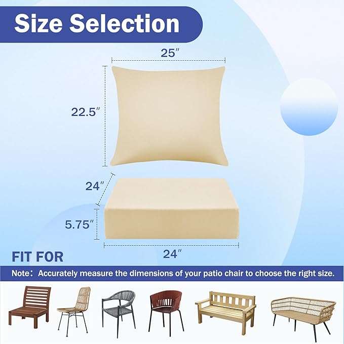 Outdoor Seat Cushion Set, Waterproof & Fade Resistant Patio Chair Cushions, Outdoors Cushion for Patio Furniture, 24 x 24 x 5.75 Inch, Outdoor Couch Cushions with Handle and Ties, Light Khaki