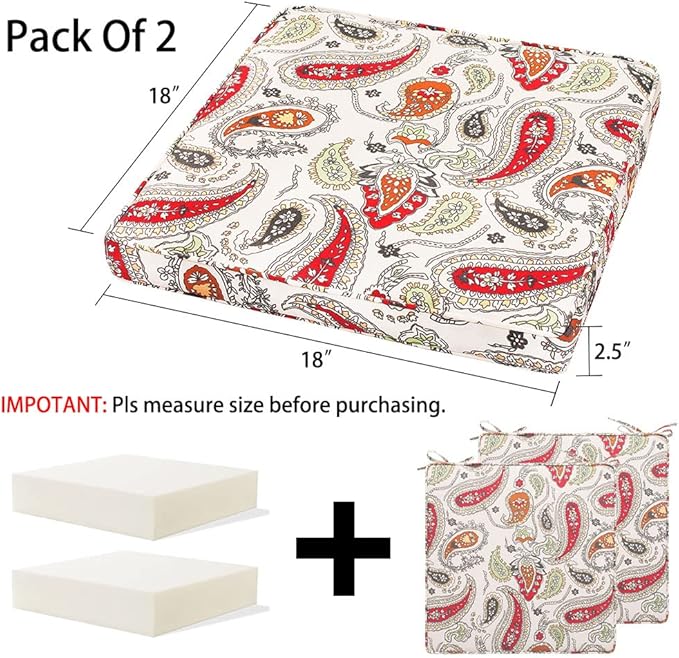 Magpie Fabrics Indoor Outdoor Waterproof Square Chair Cushion, 18" x 18" x 2.5", 2 Pack, Water Resistant Seat Cushions, for Patio Garden Office, Paisley Red Beige