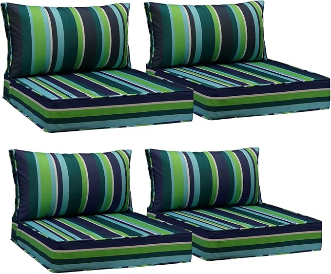 AAAAAcessories Outdoor Seat Cushions for Chairs, Fade-Resistant, Waterproof Patio Furniture Replacement Cushions, 24" x 24" x 5" + 24" x 13.5", Set of 4, Stormy Teal Coastal Stripe