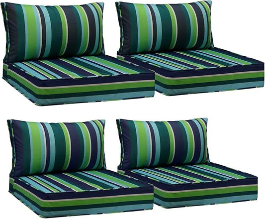 AAAAAcessories Outdoor Seat Cushions for Chairs, Fade-Resistant, Waterproof Patio Furniture Replacement Cushions, 25.5" x 25.5" x 5" + 25.5" x 13.5", Set of 4, Stormy Teal Coastal Stripe