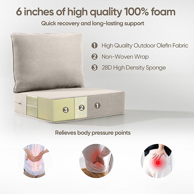 Outdoor Cushion Set for Furniture patio furniture,UV Resistant,Waterproof outdoor cushion set - 6 Inch thick foam garden cushions– 24x24 Inch Patio Seat Covers for Chair/Sofa/Couch | Beige | 1-pack |