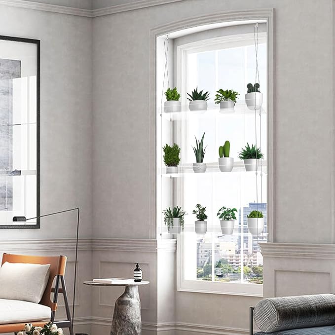 2-Pack Hanging Clear Plant Shelves for Windows, 3-Tier Acrylic Window Wall Plant Stand Shelf for Kitchen Window Indoor Gardens, Flower,Fleshy Plant,Herb, Seedling Organization, and Plants Pots Display