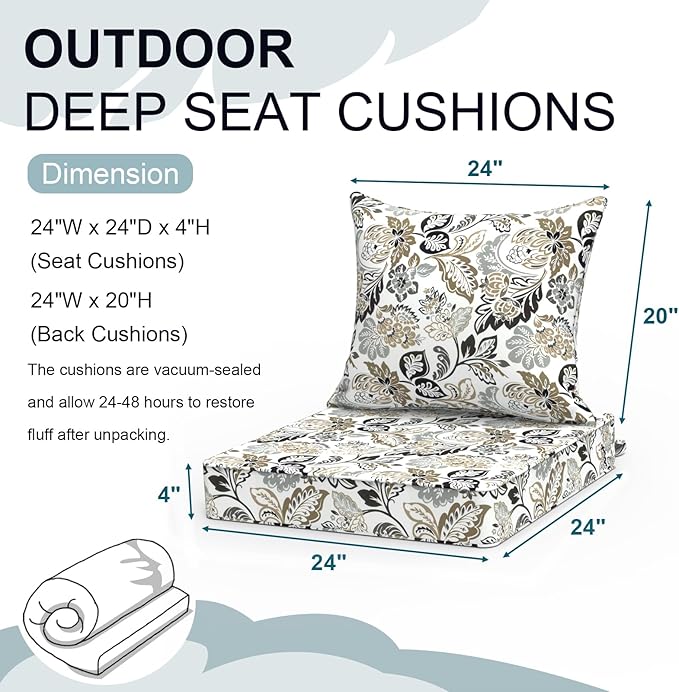 Outdoor Deep Seat Cushion Set, Water Repellent 24"x24" Patio Thick Cushions Replacement with Seat & Back Pillow for Patio Sofa, Wicker Chair, Couch - Dailey Tan