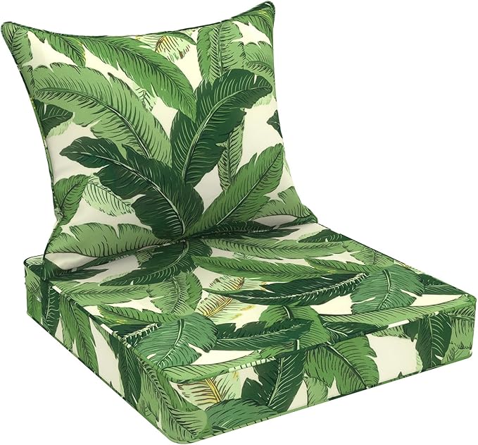 Outdoor Deep Seat Cushion Set, Water Repellent 24"x24" Patio Thick Cushions Replacement with Seat & Back Pillow for Patio Sofa, Wicker Chair, Couch - Swaying Palms Green
