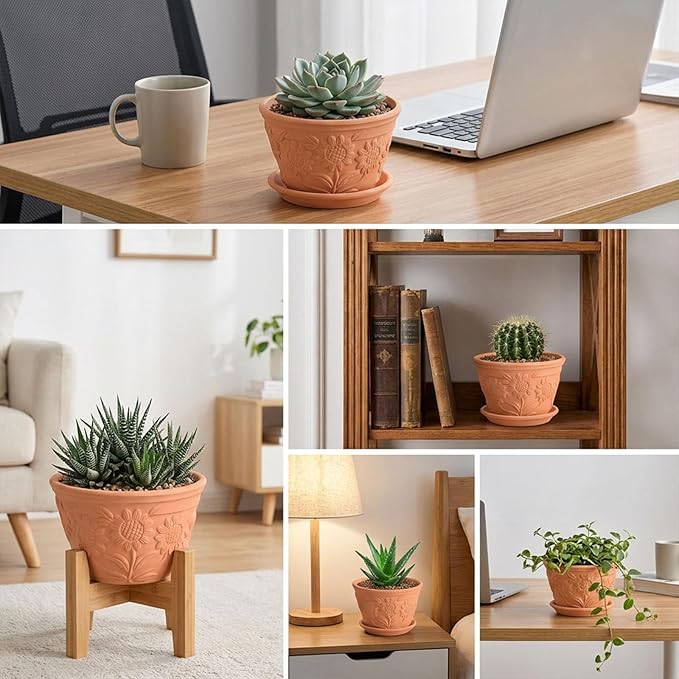 2 Pack Terracotta Plant Pots with Saucers, Boho Clay Flower Pots with Drainage, Lightweight Breathable Shallow Planters for Succulents, Cactus, Herbs & Indoor Outdoor Plants, Sunflower Embossed Design
