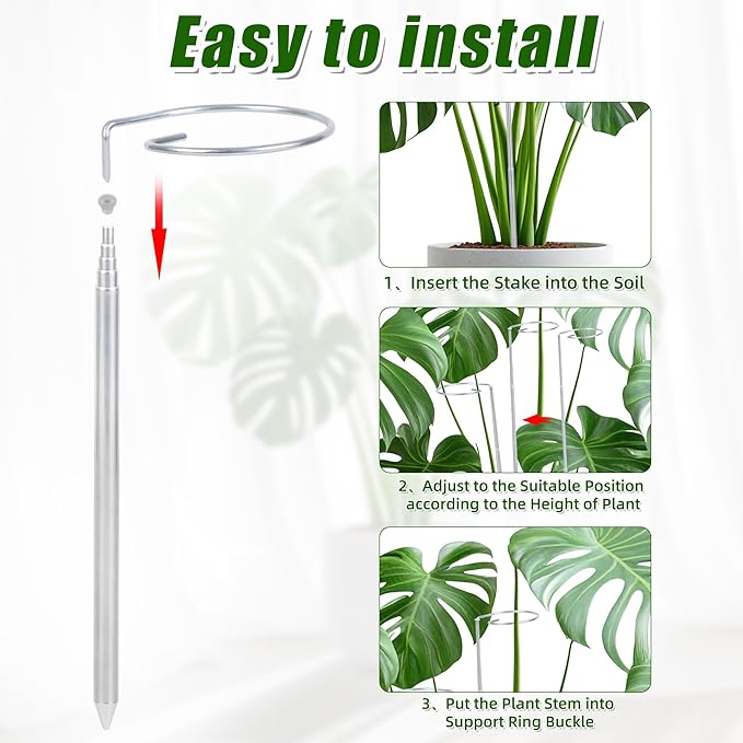 5 Pack Extendable Metal Plant Stakes, 7IN to 24.5IN Adjustable Monstera Plant Supports with Cable Tie Indoor Outdoor Plant Holder Sticks for Monstera Orchids Tomatoes Vines